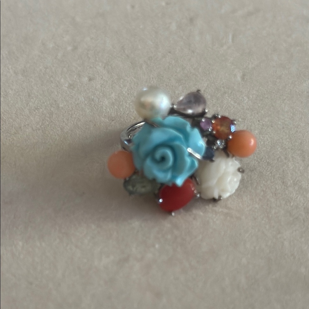 Ross-Simons multi gemstones Cluster Ring with sapphires coral pearl carved stone